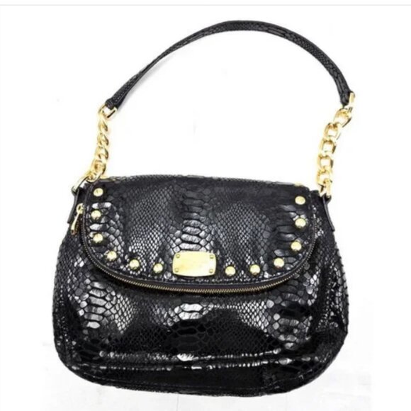 Michael Kors Bedford Black Convertible Shoulder Strap Embossed Leather Handbag - Picture 1 of 16